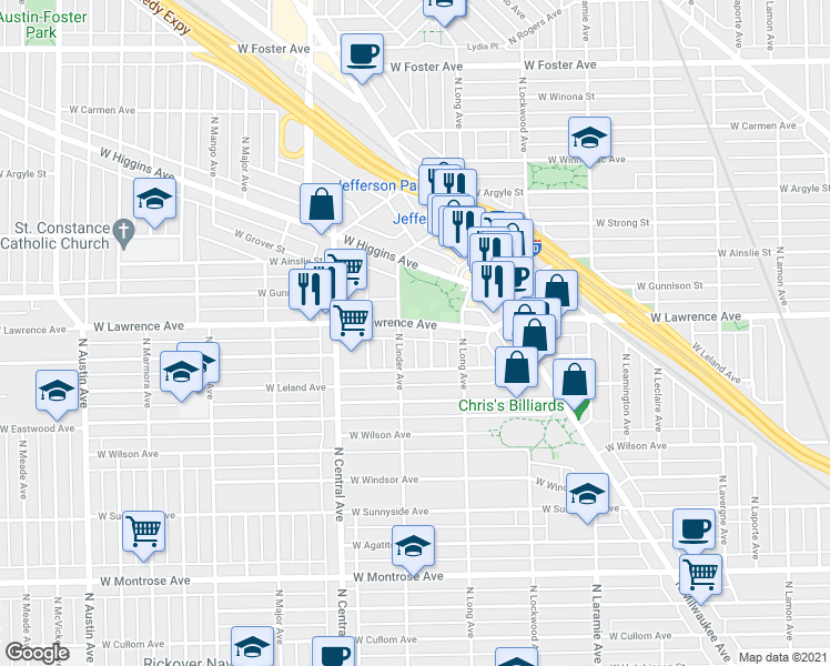 map of restaurants, bars, coffee shops, grocery stores, and more near 4746 North Linder Avenue in Chicago