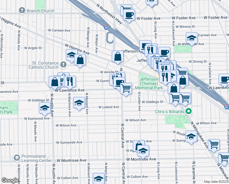 map of restaurants, bars, coffee shops, grocery stores, and more near 4736 North Central Avenue in Chicago