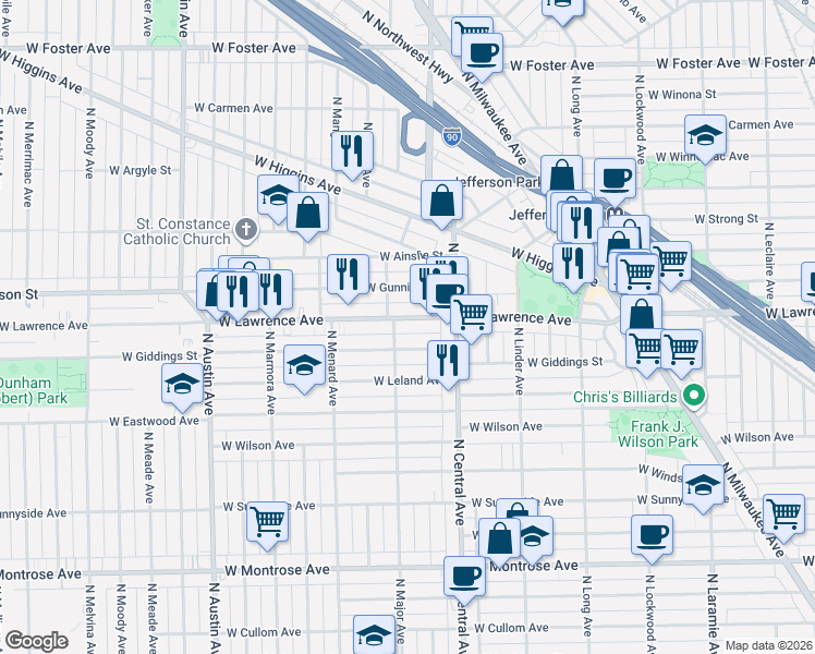map of restaurants, bars, coffee shops, grocery stores, and more near 5652 West Giddings Street in Chicago