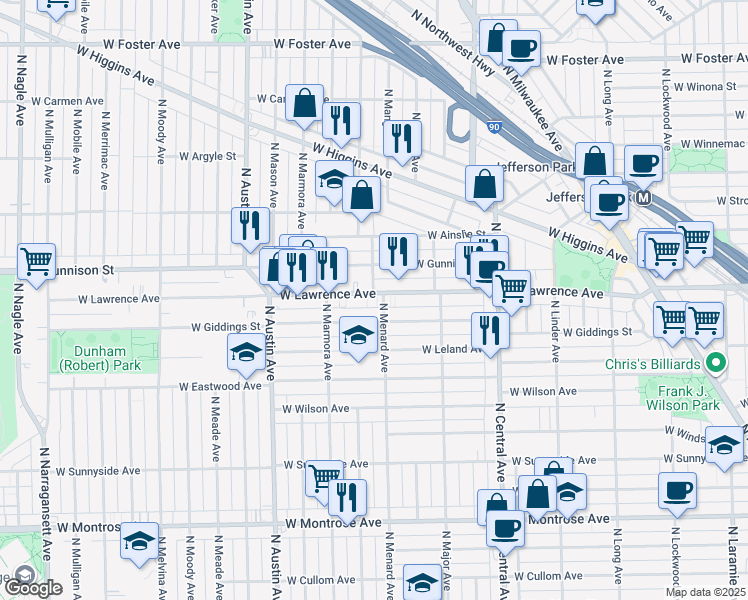 map of restaurants, bars, coffee shops, grocery stores, and more near 5800 West Giddings Street in Chicago