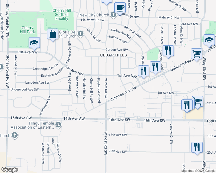 map of restaurants, bars, coffee shops, grocery stores, and more near 301-499 West Post Road Southwest in Cedar Rapids