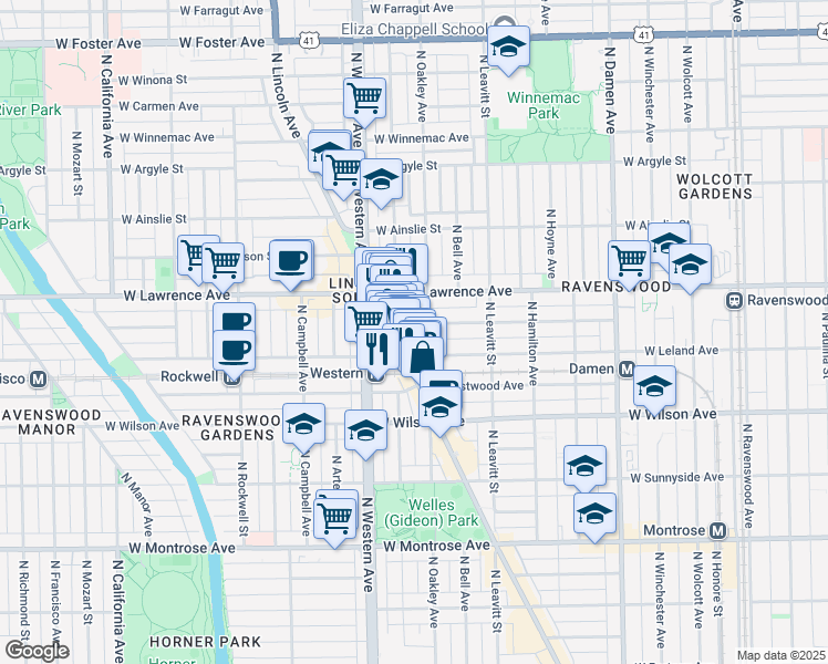 map of restaurants, bars, coffee shops, grocery stores, and more near 2311 West Giddings Street in Chicago