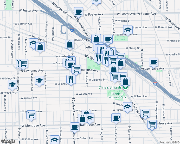 map of restaurants, bars, coffee shops, grocery stores, and more near 5447 West Lawrence Avenue in Chicago