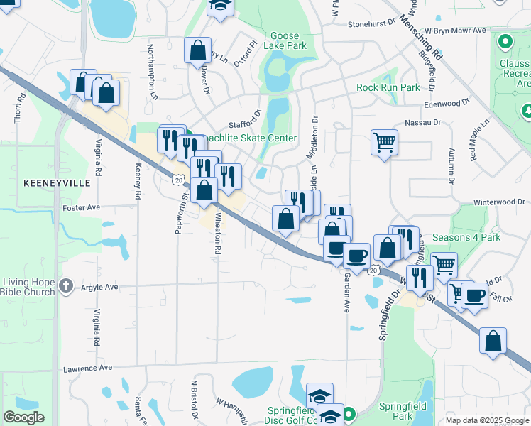 map of restaurants, bars, coffee shops, grocery stores, and more near 1046 Lake Street in Roselle
