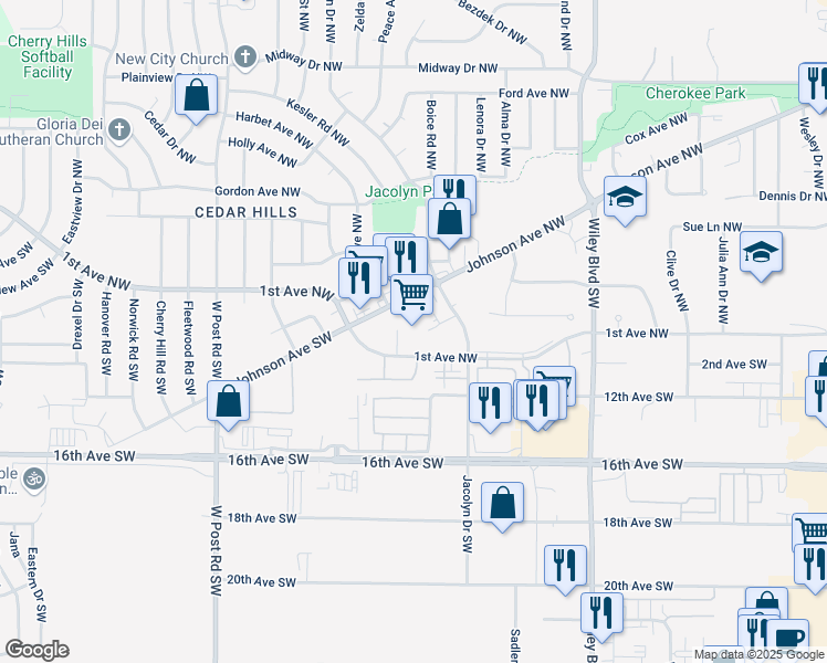 map of restaurants, bars, coffee shops, grocery stores, and more near 4825 Johnson Avenue Northwest in Cedar Rapids