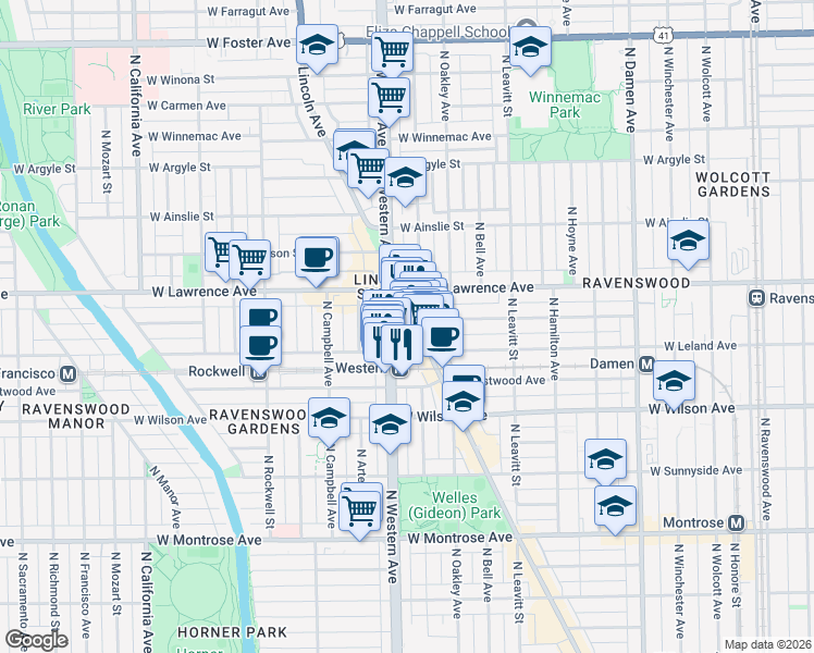 map of restaurants, bars, coffee shops, grocery stores, and more near 4740 North Lincoln Avenue in Chicago