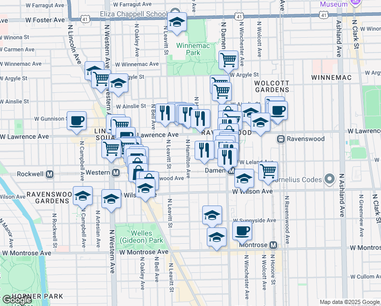 map of restaurants, bars, coffee shops, grocery stores, and more near 2146 West Leland Avenue in Chicago