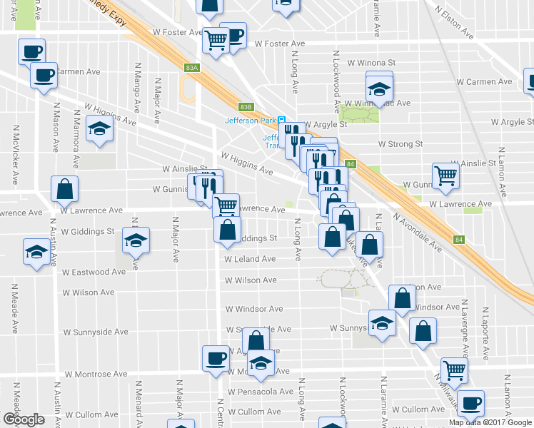 map of restaurants, bars, coffee shops, grocery stores, and more near 5447 West Lawrence Avenue in Chicago