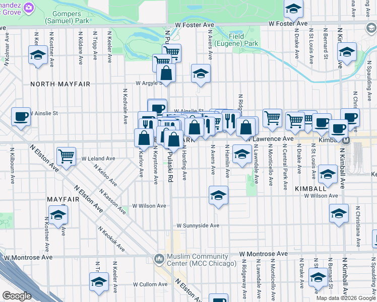 map of restaurants, bars, coffee shops, grocery stores, and more near 4716 North Springfield Avenue in Chicago