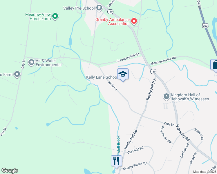 map of restaurants, bars, coffee shops, grocery stores, and more near 63 Kelly Lane in Granby