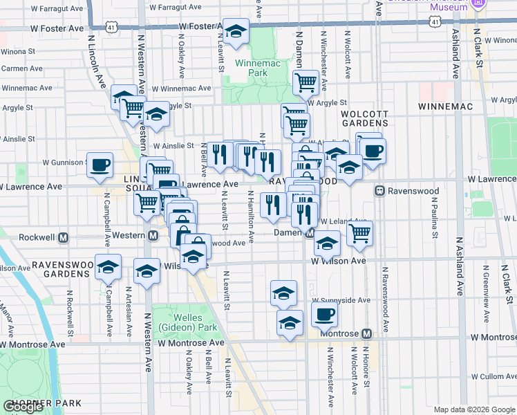 map of restaurants, bars, coffee shops, grocery stores, and more near 2146 West Leland Avenue in Chicago
