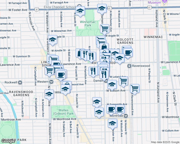 map of restaurants, bars, coffee shops, grocery stores, and more near 2117 West Giddings Street in Chicago