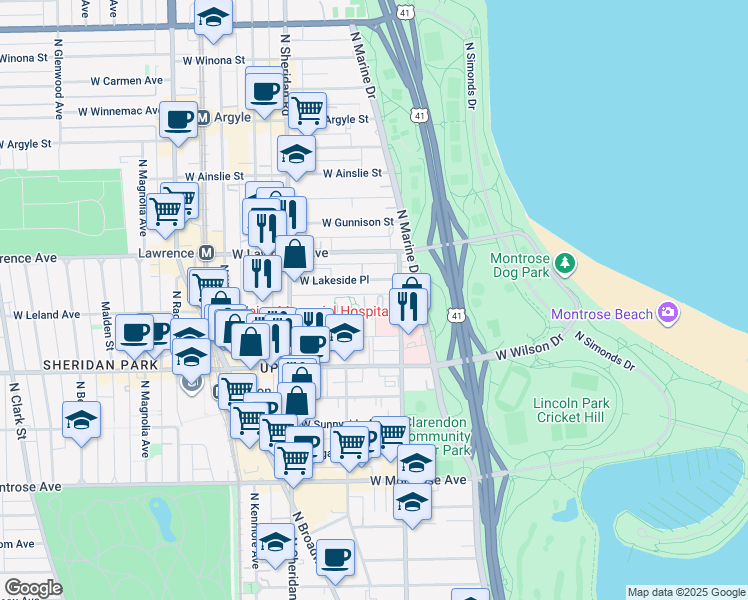 map of restaurants, bars, coffee shops, grocery stores, and more near 831 West Leland Avenue in Chicago
