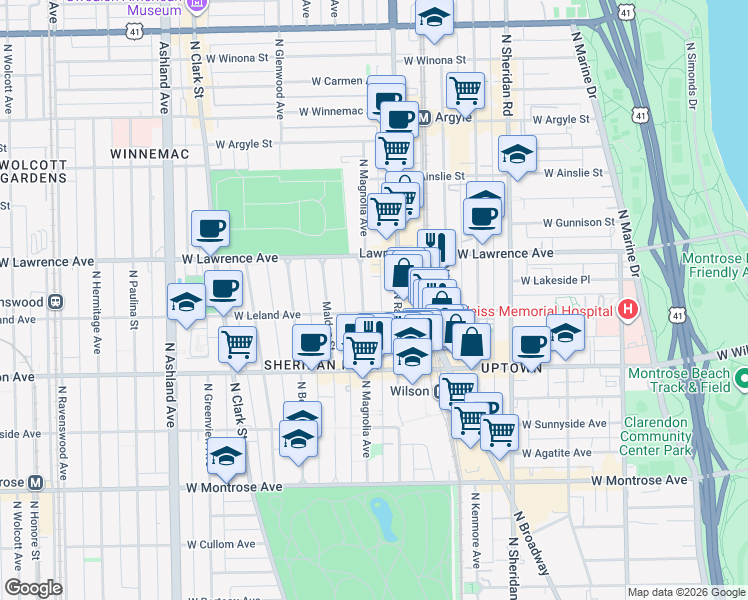 map of restaurants, bars, coffee shops, grocery stores, and more near 1207 West Leland Avenue in Chicago