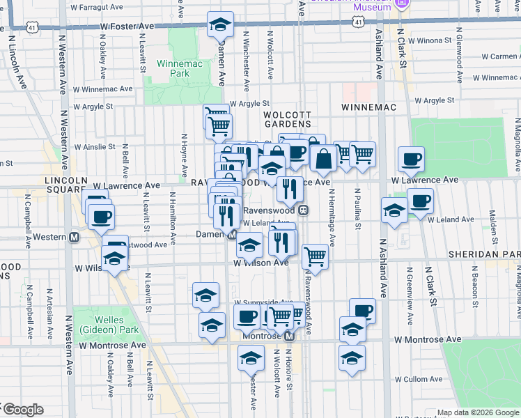 map of restaurants, bars, coffee shops, grocery stores, and more near 1900 West Leland Avenue in Chicago