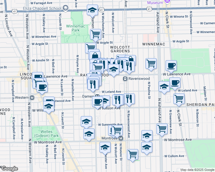 map of restaurants, bars, coffee shops, grocery stores, and more near 1900 West Leland Avenue in Chicago