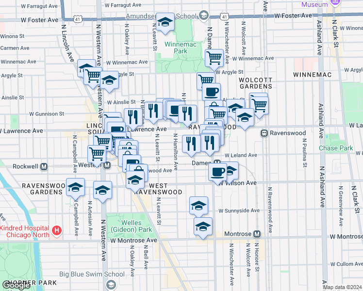 map of restaurants, bars, coffee shops, grocery stores, and more near 2146 West Leland Avenue in Chicago