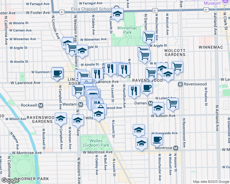 map of restaurants, bars, coffee shops, grocery stores, and more near 4704 North Leavitt Street in Chicago