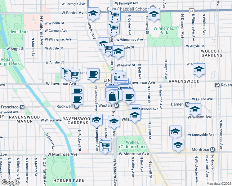map of restaurants, bars, coffee shops, grocery stores, and more near 4740 North Lincoln Avenue in Chicago