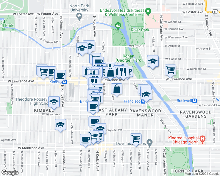 map of restaurants, bars, coffee shops, grocery stores, and more near 4710 North Albany Avenue in Chicago