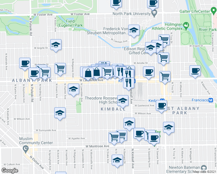 map of restaurants, bars, coffee shops, grocery stores, and more near 4712 North Drake Avenue in Chicago