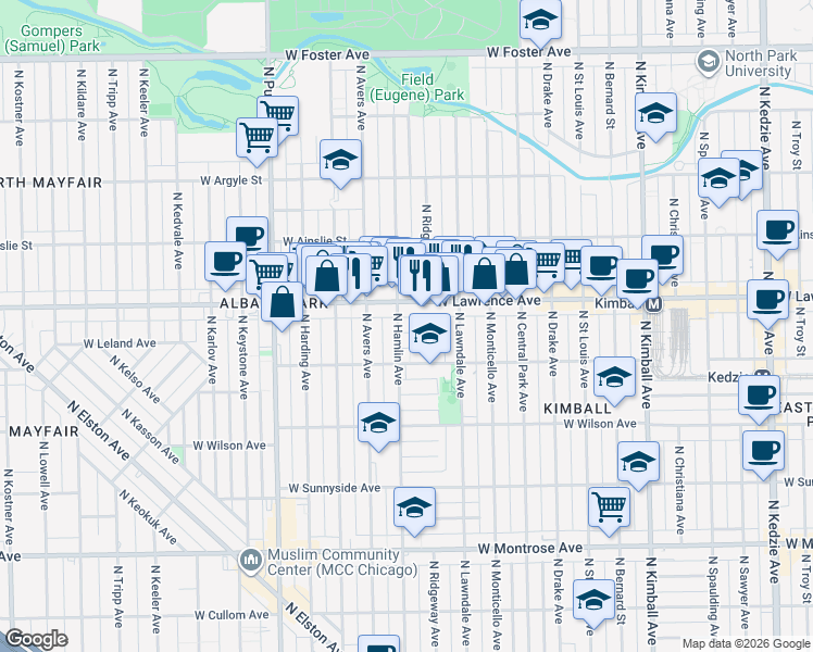 map of restaurants, bars, coffee shops, grocery stores, and more near 3757 West Giddings Street in Chicago