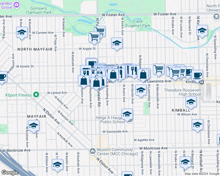 map of restaurants, bars, coffee shops, grocery stores, and more near 4716 North Springfield Avenue in Chicago