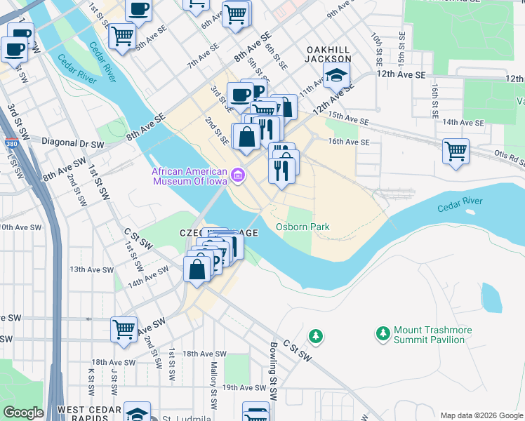 map of restaurants, bars, coffee shops, grocery stores, and more near 15th Ave SE in Cedar Rapids