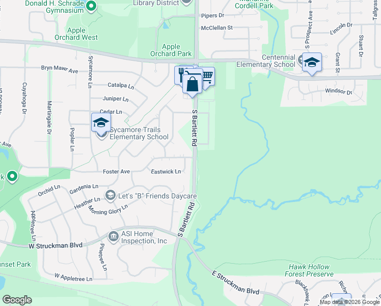 map of restaurants, bars, coffee shops, grocery stores, and more near 1049-1057 South Bartlett Road in Bartlett