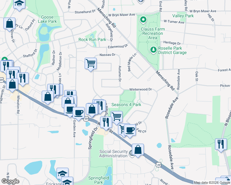 map of restaurants, bars, coffee shops, grocery stores, and more near 621 Old Farm Drive in Roselle