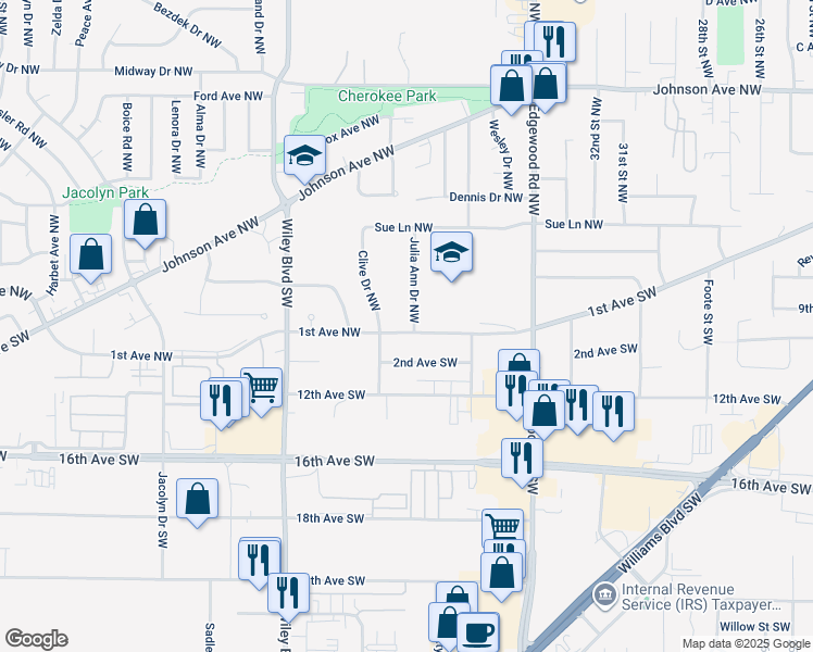 map of restaurants, bars, coffee shops, grocery stores, and more near 10 Julia Ann Drive Northwest in Cedar Rapids