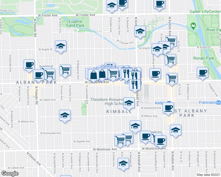 map of restaurants, bars, coffee shops, grocery stores, and more near 4736 N Drake Ave in Chicago