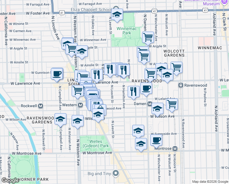 map of restaurants, bars, coffee shops, grocery stores, and more near 2175 West Giddings Street in Chicago