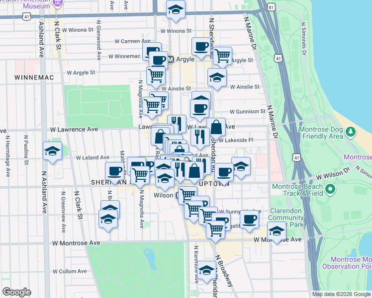 map of restaurants, bars, coffee shops, grocery stores, and more near 4657 North Winthrop Avenue in Chicago