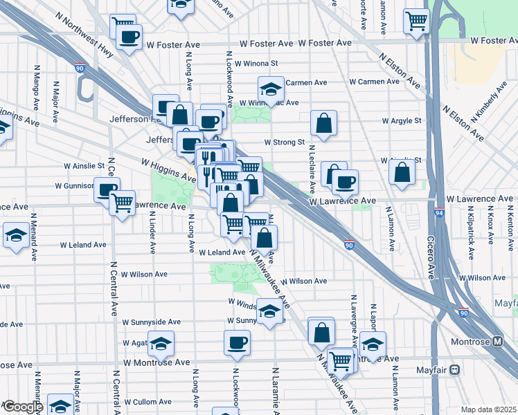 map of restaurants, bars, coffee shops, grocery stores, and more near 5228 West Giddings Street in Chicago