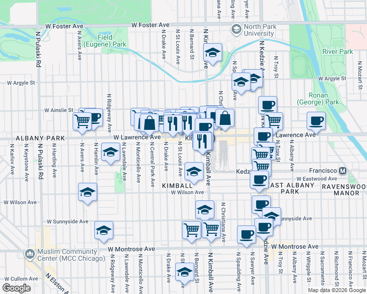 map of restaurants, bars, coffee shops, grocery stores, and more near 4713 North Saint Louis Avenue in Chicago