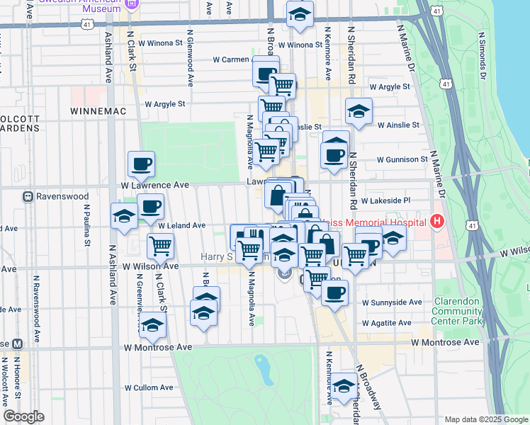 map of restaurants, bars, coffee shops, grocery stores, and more near 1207 West Leland Avenue in Chicago