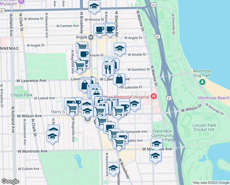map of restaurants, bars, coffee shops, grocery stores, and more near 1007 West Leland Avenue in Chicago