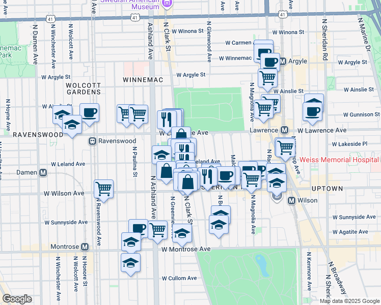 map of restaurants, bars, coffee shops, grocery stores, and more near 4658 North Dover Street in Chicago