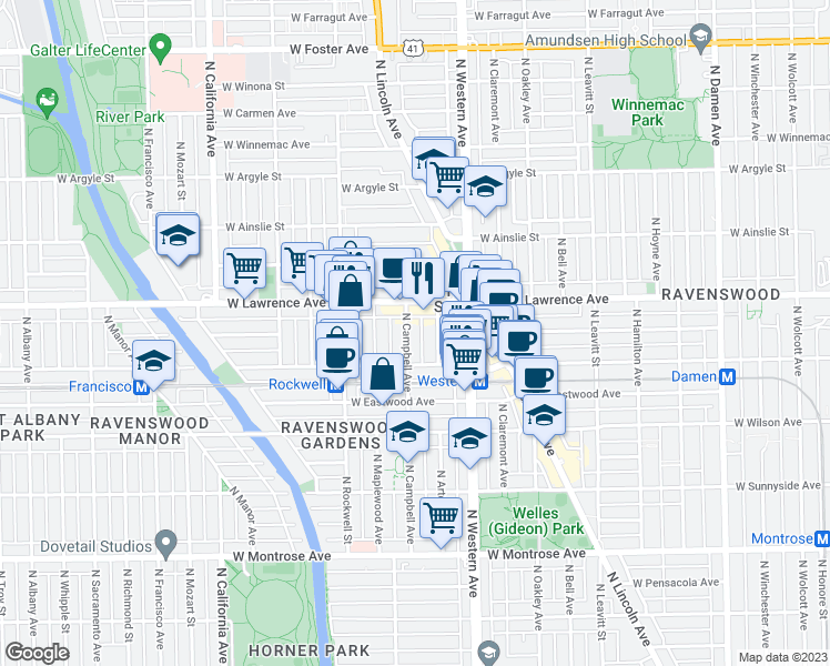 map of restaurants, bars, coffee shops, grocery stores, and more near 4704 North Campbell Avenue in Chicago