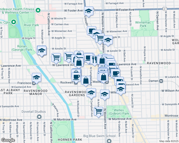 map of restaurants, bars, coffee shops, grocery stores, and more near 4704 North Campbell Avenue in Chicago