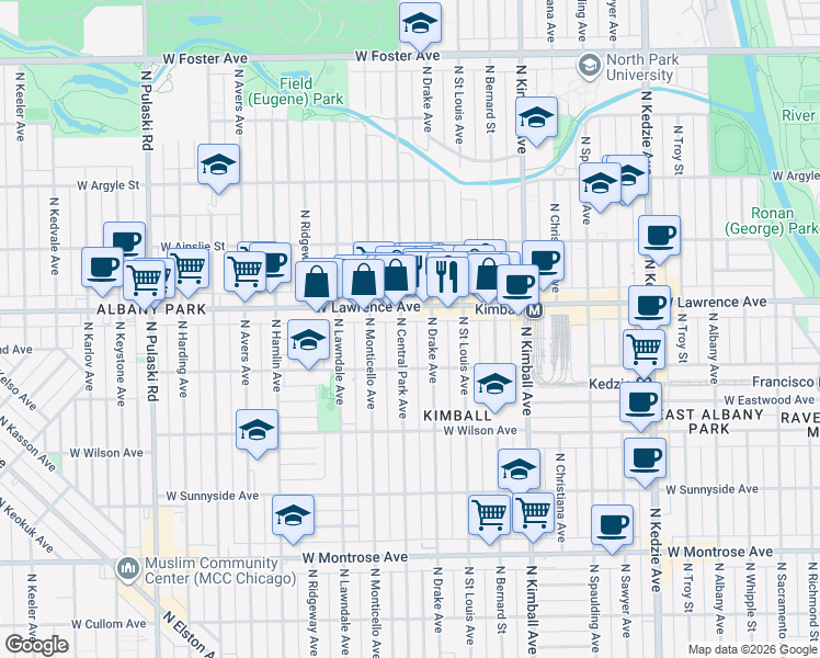 map of restaurants, bars, coffee shops, grocery stores, and more near 4714 North Central Park Avenue in Chicago