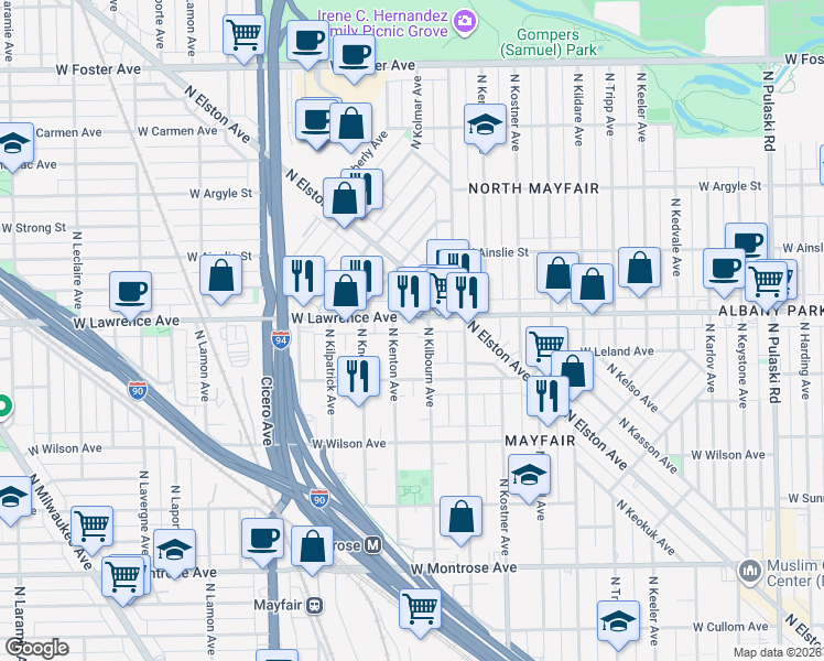 map of restaurants, bars, coffee shops, grocery stores, and more near 4721 North Kenton Avenue in Chicago
