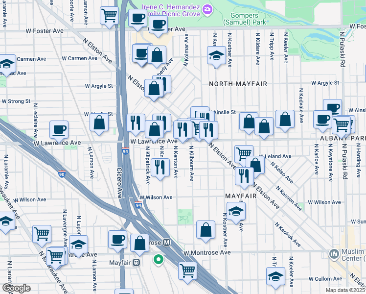 map of restaurants, bars, coffee shops, grocery stores, and more near 4721 North Kenton Avenue in Chicago