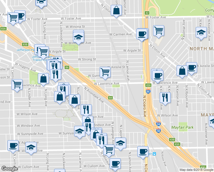 map of restaurants, bars, coffee shops, grocery stores, and more near 4726 North Lavergne Avenue in Chicago
