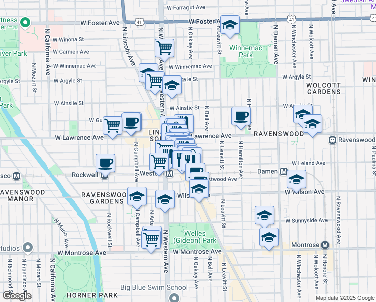 map of restaurants, bars, coffee shops, grocery stores, and more near 2326 West Giddings Street in Chicago