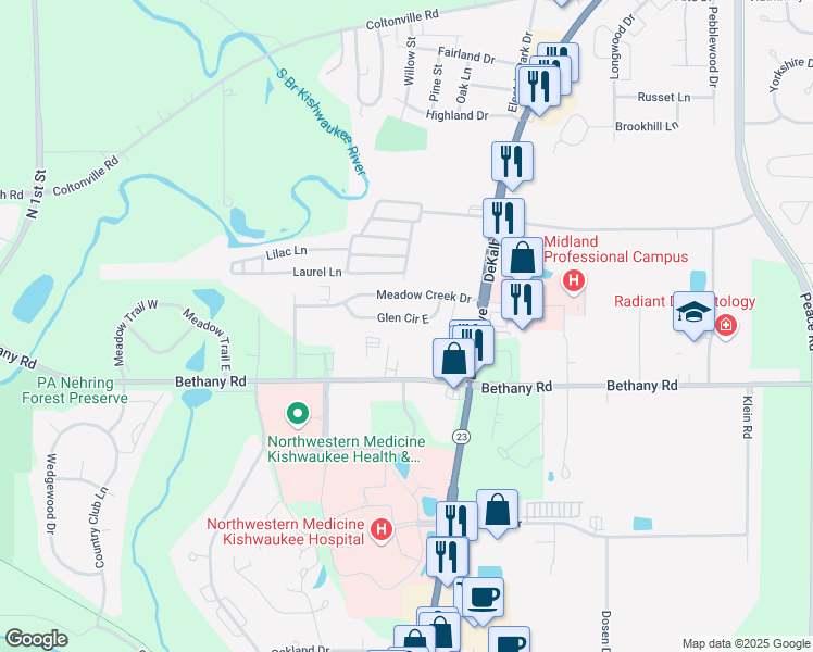 map of restaurants, bars, coffee shops, grocery stores, and more near 2418 Glen Circle East in Sycamore