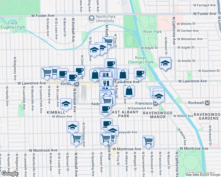 map of restaurants, bars, coffee shops, grocery stores, and more near 4701 North Kedzie Avenue in Chicago