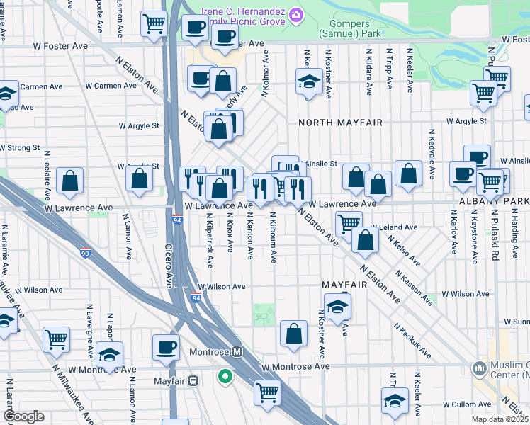 map of restaurants, bars, coffee shops, grocery stores, and more near 4522 West Lawrence Avenue in Chicago