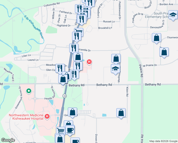 map of restaurants, bars, coffee shops, grocery stores, and more near 2111 Midlands Court in Sycamore